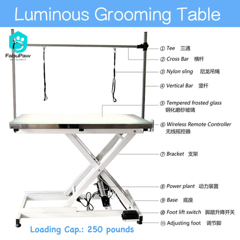 Pet supplies Illuminated Electrical LED Adjustable Height Folding hydraulic air lifting dog cat pet grooming table for show
